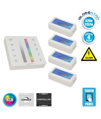 Ασύρματος LED RGB Controller με Χειριστήριο Τοίχου Αφής 2.4G RF 12v (576w) - 24v (1152w) DC για Τέσσερα Group GloboStar 04054